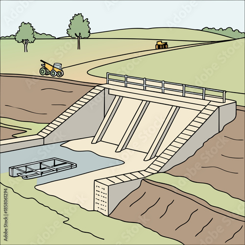 Detailed Diagram of a Small Dam Construction in Rural Setting
