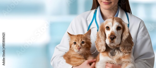 Veterinarian Holding Dog And Cat In Modern Animal Clinic