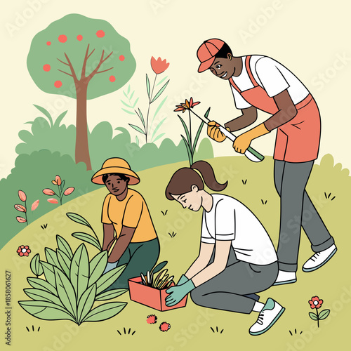 Diverse Team Gardening Together in a Lush Garden