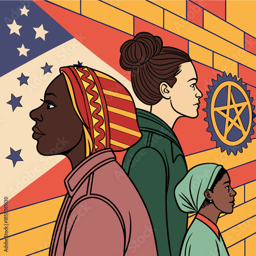 Diverse Women Standing Together in Profile Against Brick Wall