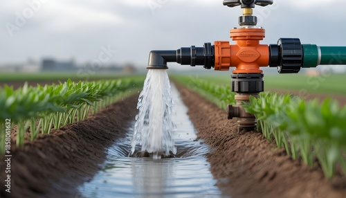 Agricultural Irrigation System Watering Crops In Modern Farm Field