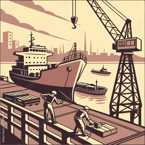 Dockworkers Loading Cargo at a Busy Harbor