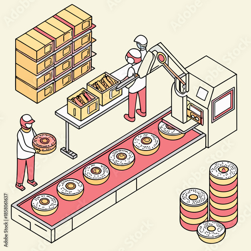 Donut Factory Isometric Illustration: Automated Production Line with Workers