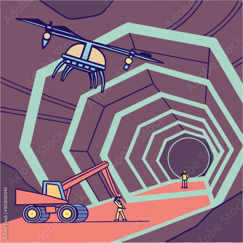 Drone and Excavator in Hexagonal Mine Tunnel
