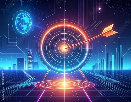 Futuristic illustration of a target with an arrow, cityscape in view