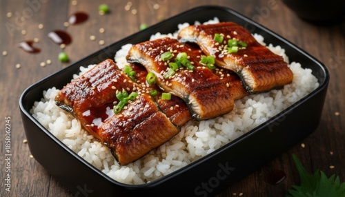 Delicious Unagi Donburi a Japanese Rice Bowl Dish with Grilled Eel Topped with Sesame Seeds and Green Onions on a Dark Background