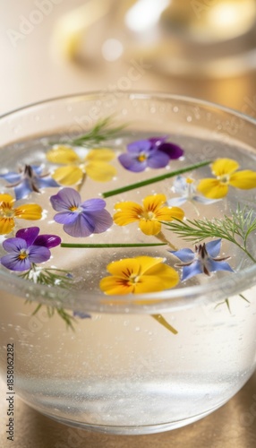 Close Up Of Edible Flowers Floating In Clear Water With Dill Sprigs In A Glass Bowl With Soft Golden Light