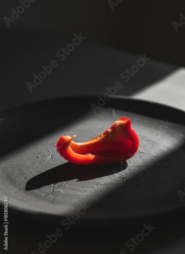 Single Slice Of Bright Red Bell Pepper Resting On A Dark Textured Plate In Dramatic Sunlight With Deep Shadows