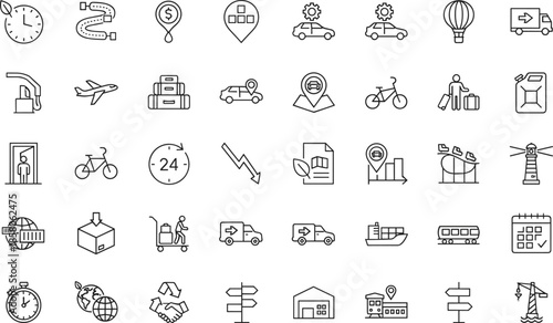 Professional line icon set featuring global logistics, shipping delivery truck, air freight, maritime cargo ship, navigation map pins, and industrial warehouse transportation symbols.