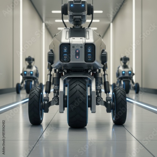 Advanced Robotic Unit with Three Wheels in a Futuristic Hallway with Blue and White Neon Lights