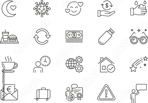 Minimalist black line icon mega pack featuring artificial intelligence AI business analytics medical healthcare global logistics sustainable green energy household cleaning