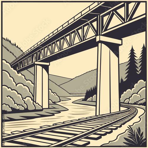 Grayscale Illustration of a Train Bridge Over a River Valley