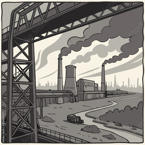 Grayscale Illustration of Industrial Landscape with Smoke Stacks