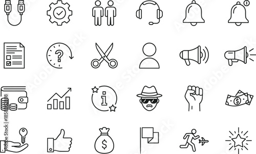 Minimalist black line icon mega pack featuring artificial intelligence AI business analytics medical healthcare global logistics sustainable green energy household cleaning and 