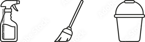 Minimalist black line icon set featuring cleaning spray broom bucket business data analytics medical healthcare cyber security meditation wellness and creative office symbols.