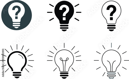 Light bulb and idea icon set vector, collection of glowing lightbulb symbols with question marks and rays of light