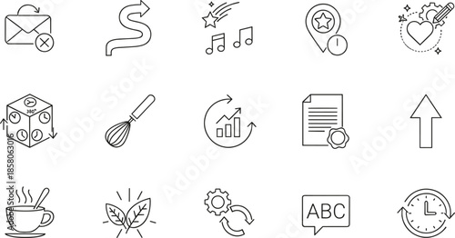 Modern black and white minimalist line icon set featuring business growth, productivity tools, email marketing, creative heart, organic leaves, and time management symbols for web design.