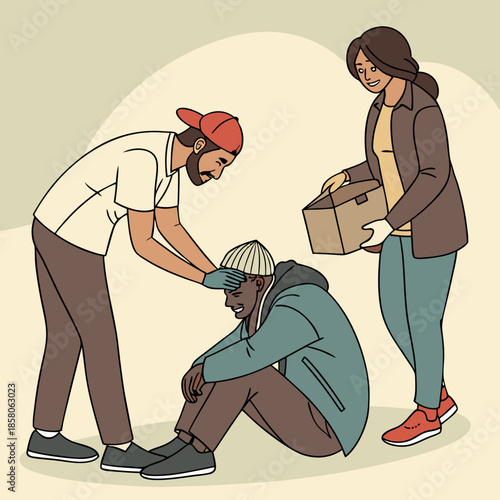Helping Homeless Man: Compassionate Volunteers Offering Aid and Support