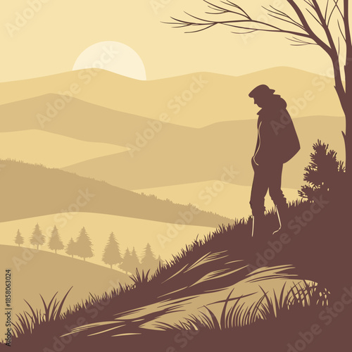 Hiker Silhouette at Sunset Over Rolling Hills