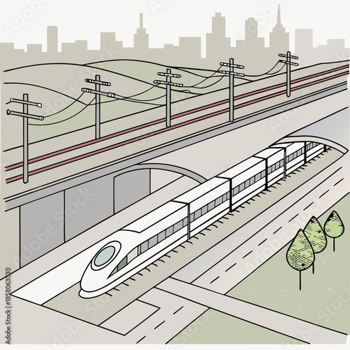 High Speed Train Approaching City Overpass