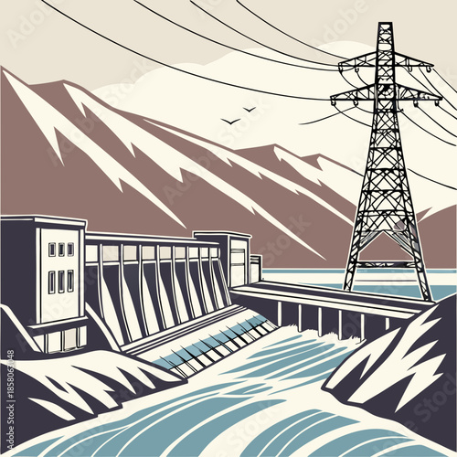 Hydroelectric Dam and Power Lines in Mountainous Landscape