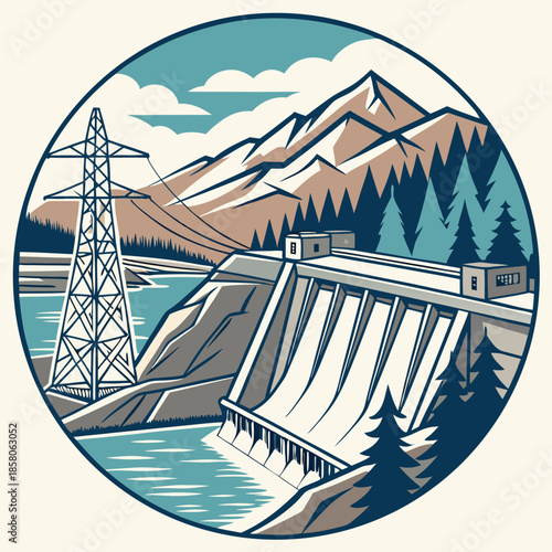Hydroelectric Dam Power Generation in Mountain River Landscape