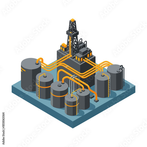 Oil Refinery Model with Pipes and Tanks.