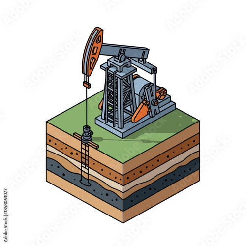 Isometric Oil Pump Jack on Layered Ground.