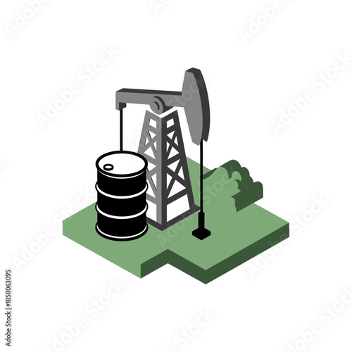 Oil Pumpjack with Barrel on Green Base.