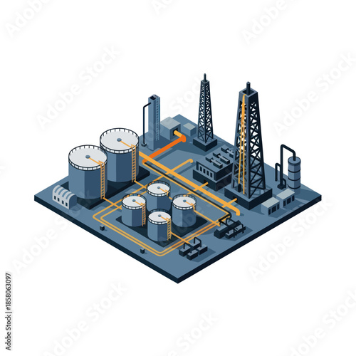 Isometric Oil Refinery Plant Industrial Complex.