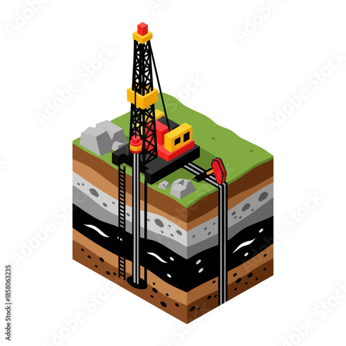 Isometric Oil Rig Drilling into Ground.
