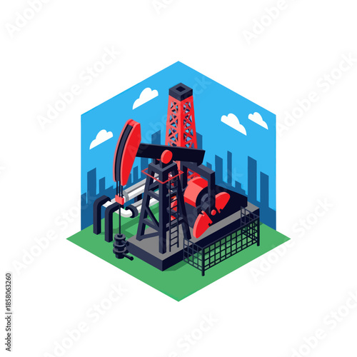 Isometric Oil Refinery Illustration with Industrial Equipment.
