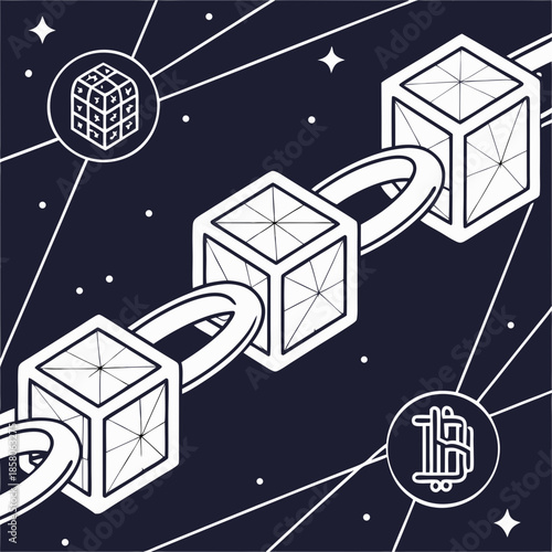 Isometric Blockchain Network Cubes Connected by Chain on Dark Blue Background