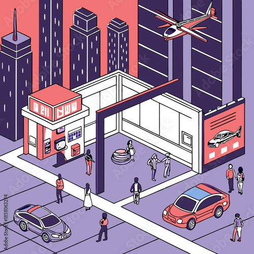Isometric Cityscape with Futuristic Cars and Drone
