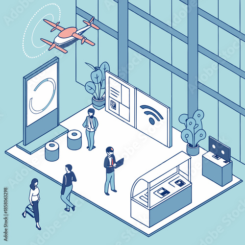 Isometric Futuristic Office Interior with Drone and Digital Displays