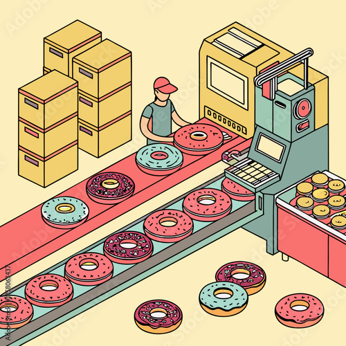 Isometric Illustration of a Donut Factory Production Line