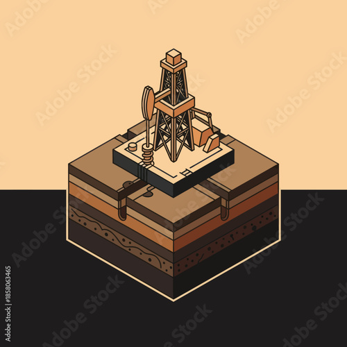 Isometric Oil Pump Jack on Layered Ground.