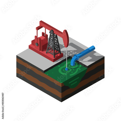 Oil Rig Pumpjack Extraction Process Illustration.