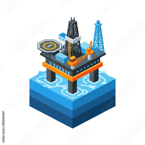Oil Rig Platform Isometric Illustration Offshore Drilling.