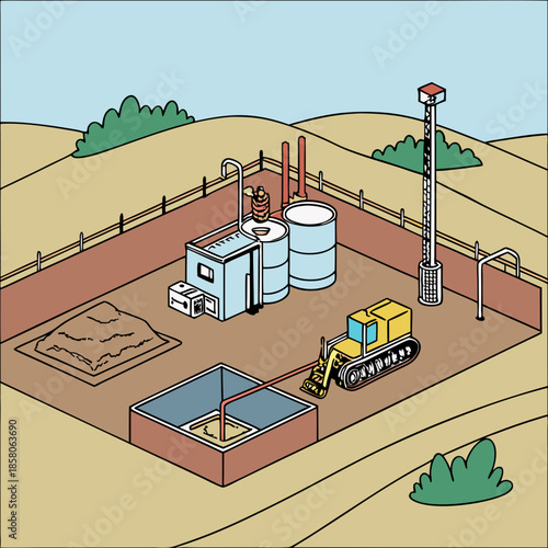 Isometric Illustration of a Rural Biogas Plant with Machinery