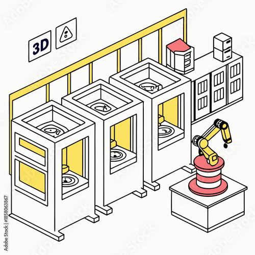 Isometric Illustration of Automated 3D Printing Factory with Robotic Arm