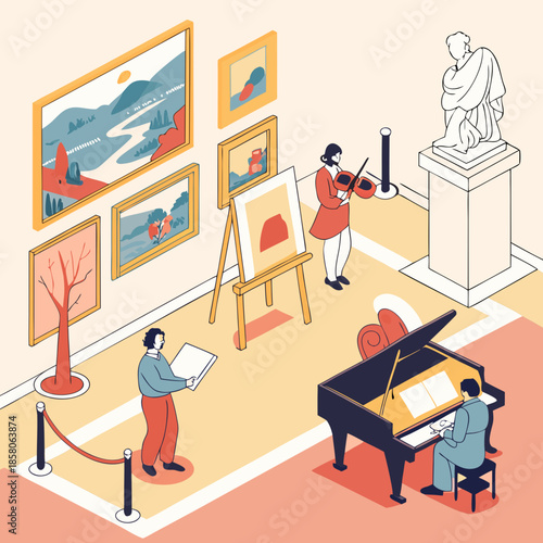 Isometric Illustration of Art Gallery with Musicians and Viewers