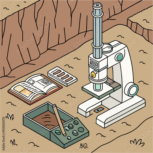 Isometric Illustration of Archaeological Excavation Site with Microscope and Tools
