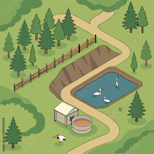Isometric Illustration of Birds in a Pond on a Farm