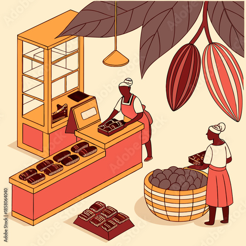 Isometric Illustration of Cocoa Bean Harvest and Market Sales