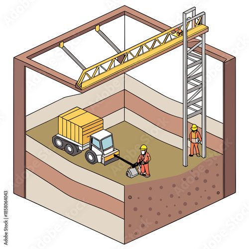 Isometric Illustration of Construction Workers Using Machinery During Excavation