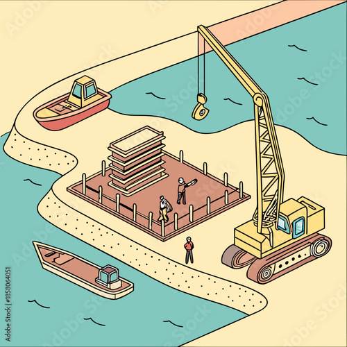 Isometric Illustration of Construction Workers Building a Structure by a River