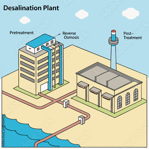 Isometric Illustration of Desalination Plant with Pre and Post Treatment Processes