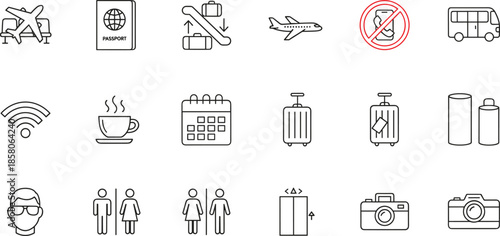 Comprehensive Travel and Airport Icon Set Featuring Line Symbols for Flight Passports Luggage Transport Navigation and Tourism Services Vector