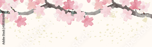 Watercolor Cherry Blossom Branch with Falling Petals. Japanese Style Spring Banner Background
